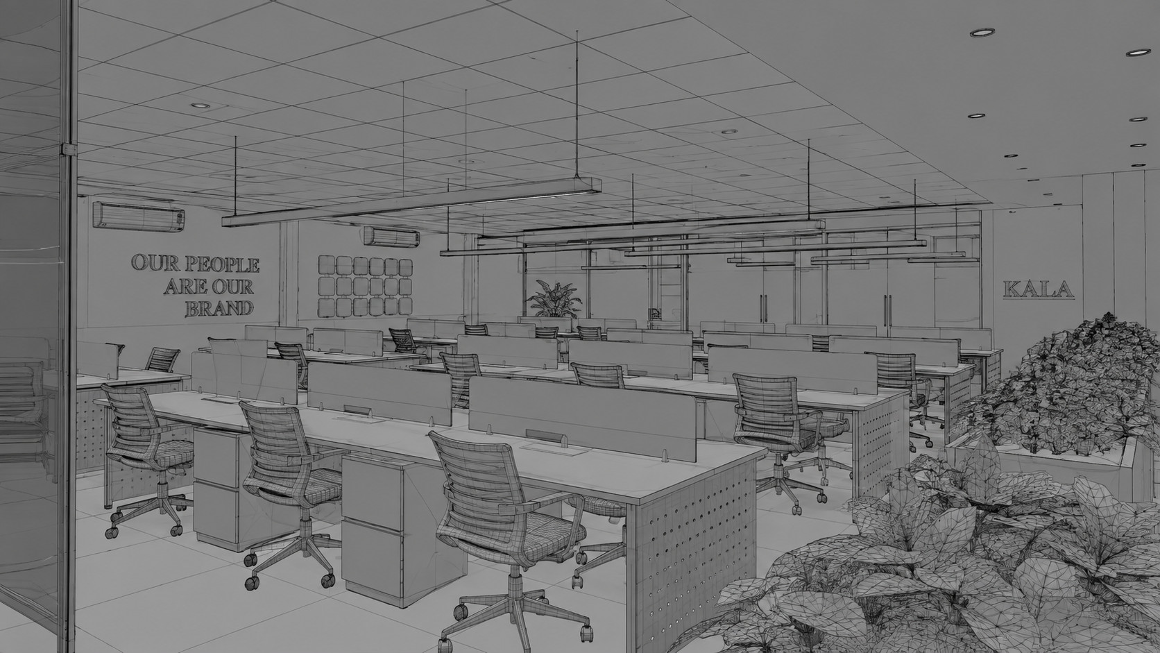 BIM wireframe model of the Kala Defence engineering floor