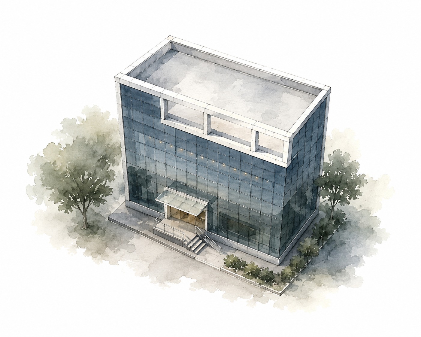 Axonometric architectural facade and entrance canopy