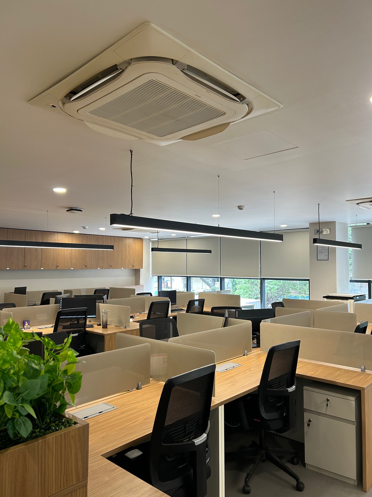 Level one workstation hall with wood grain laminate partitions