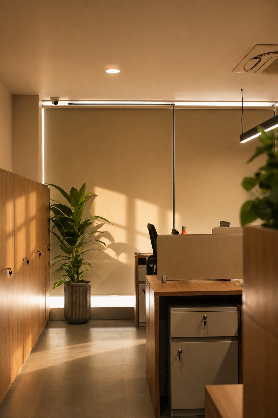Sunlight filtering through roller blinds and full-height timber lockers