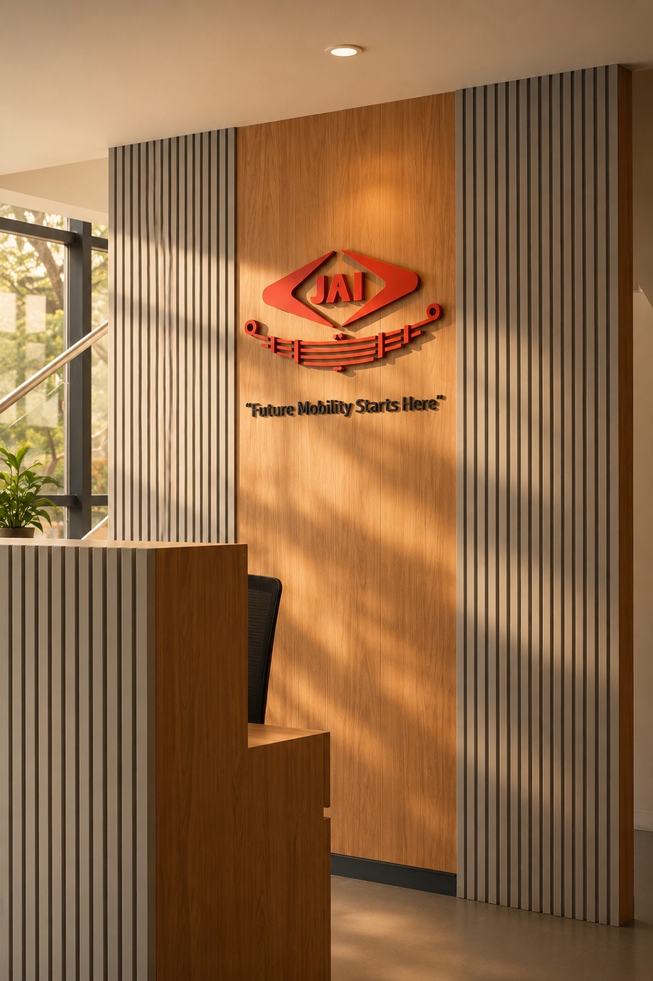 Reception entrance desk with fluted oak and illuminated 3D JAI logo