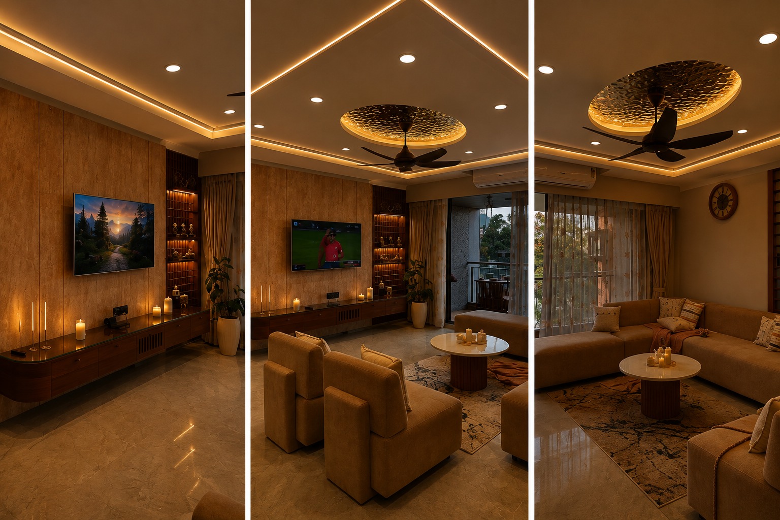 Travertine media wall, gold leaf ceiling tray, and joinery detailing