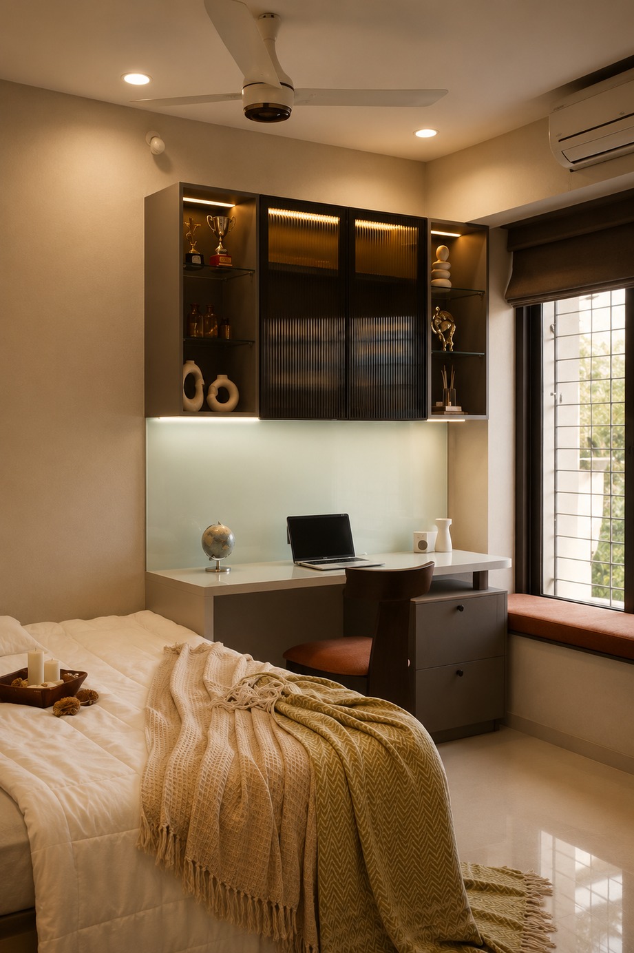 Bedroom with a lit study wall at Landmark Residence