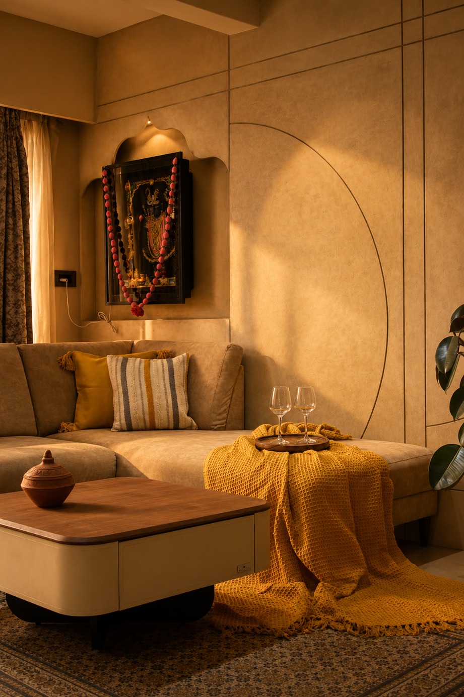Siddhesh Bungalow living room with an arched prayer niche and textured plaster wall
