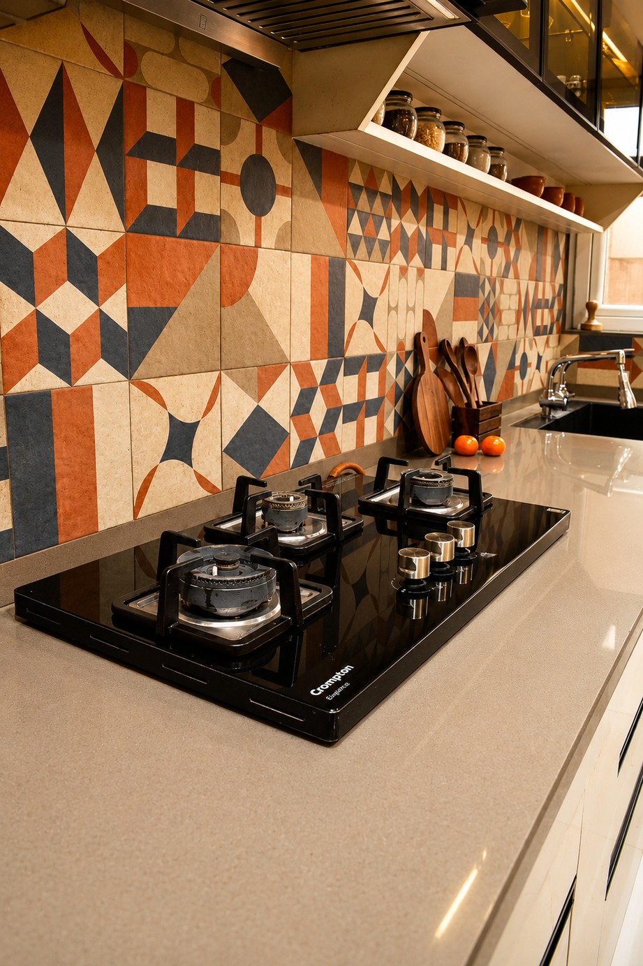Kitchen prep area with geometric terracotta backsplash